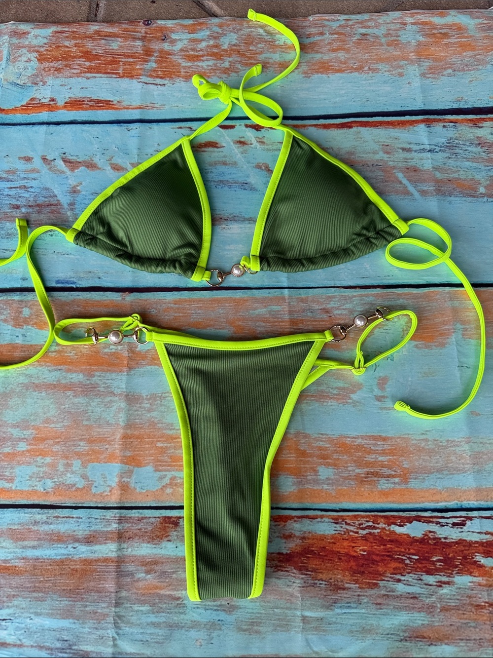 Olive Green & Neon Trim Triangle Bikini Set